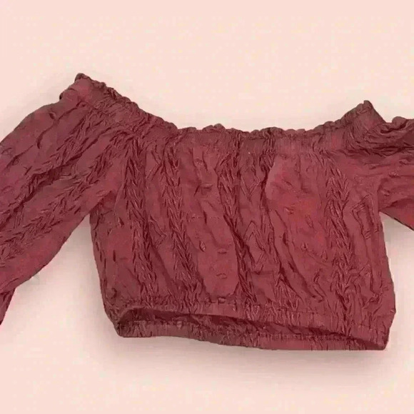 ILLA ILLA Maroon Off-The-Shoulder Crop Top Tie Neck Long Sleeve Blouse Size S - Picture 3 of 4